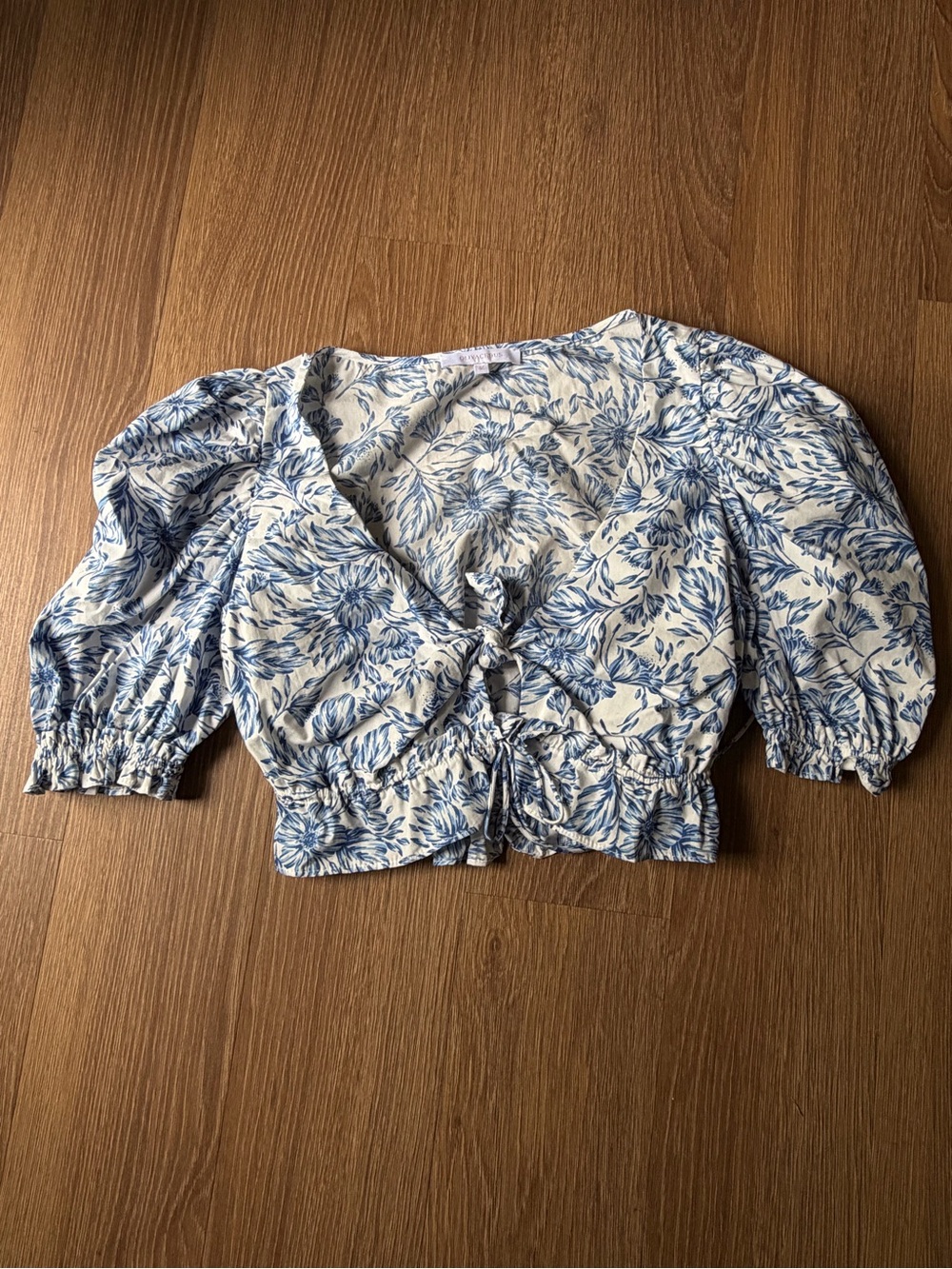 Olivaceous Blue and White Floral Tie-Front Puff Sleeve Blouse